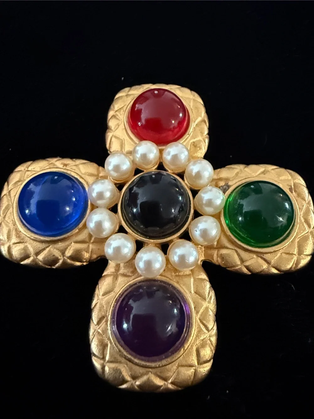 Ann Taylor Multicolor Cabochon Flower Brooch Gold Tone Faux Pearl Pin - Picture 3 of 3